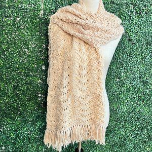 Vintage Handknit Buttery Beige Shawl Scarf Wrap Large Scarf